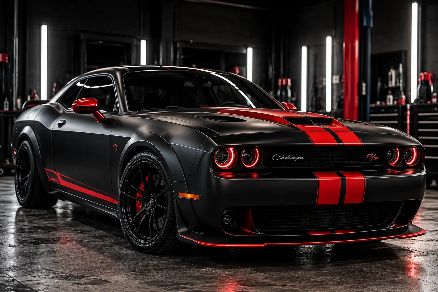 Symbolbild: mattschwarzes Muscle-Car mit roten Designstreifen in dunkler Werkstatt
